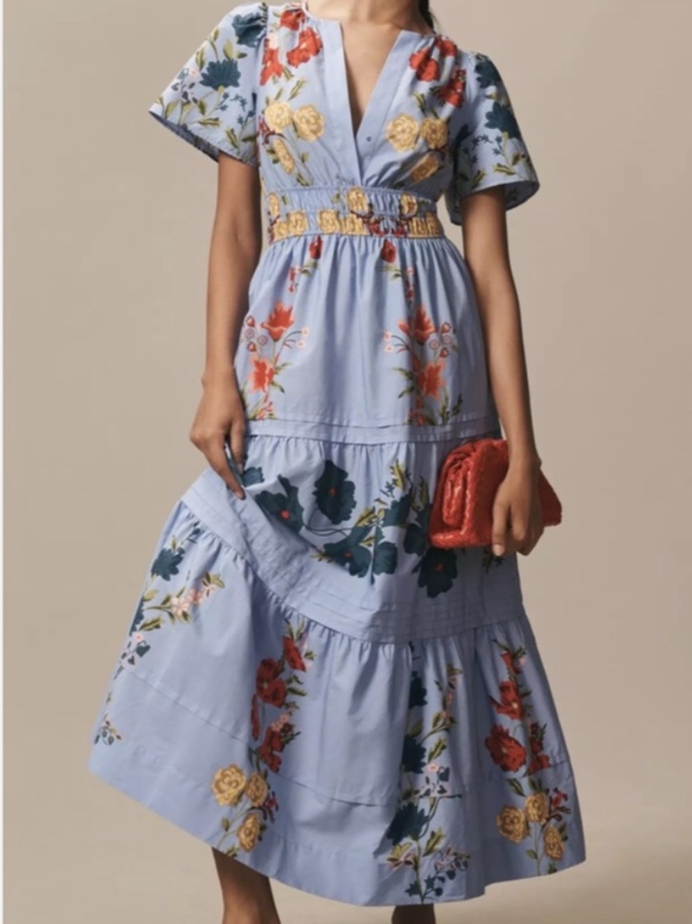 Anthropologie Light Blue Floral Maxi Dress with Multicolor Blooms